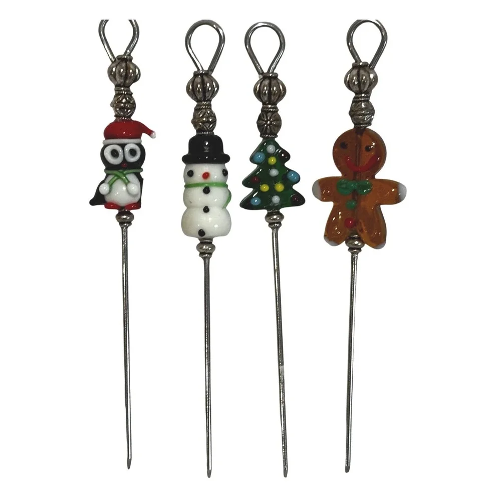 Christmas Beaded‎ Lampwork Glass Cocktail charcuterie Picks snowman tree festive